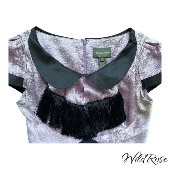 ZAC POSEN MARILYN DRESS - Lilac & Navy Blue Collared Fringe Silk Dress SZ 2 - Picture 4 of 17